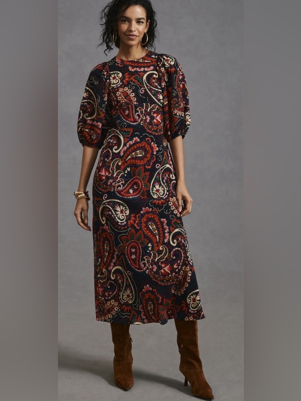 Anthropologie Kachel Paisley Puff Short Sleeves Midi Dress EUC Size XS Petite